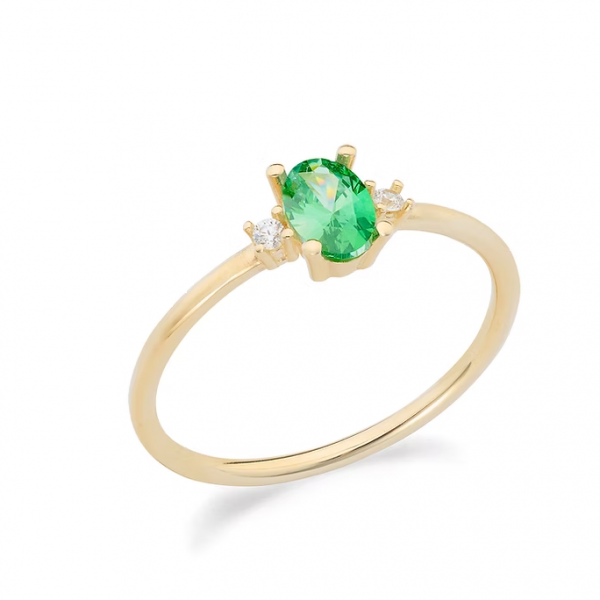 Anello in Oro Giallo 375‰ con zirconi bianchi e verde taglio ovale