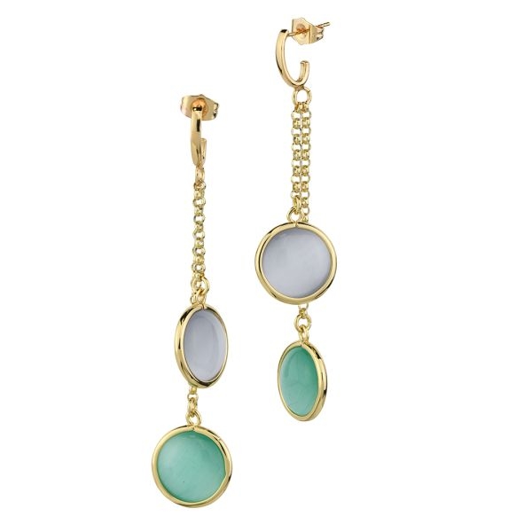 Orecchini placcati oro giallo con doppi cristalli pendenti grigio e verde acqua