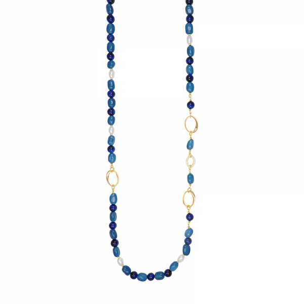 Collana lunga con pietre blu e perle vere