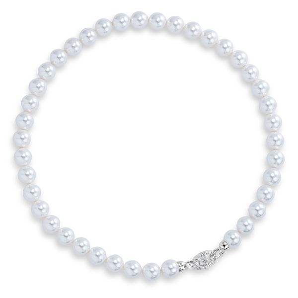 Girocollo collier con filo di perle di misura grande e chiusura a maglia marina in pavè di zirconi